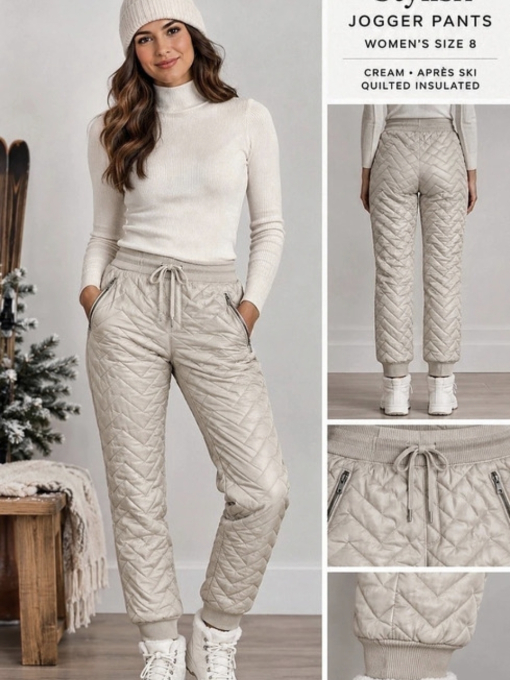 Athleta Après Ski Quilted Insulated Down Jogger Pants Womens Cream Size 8
